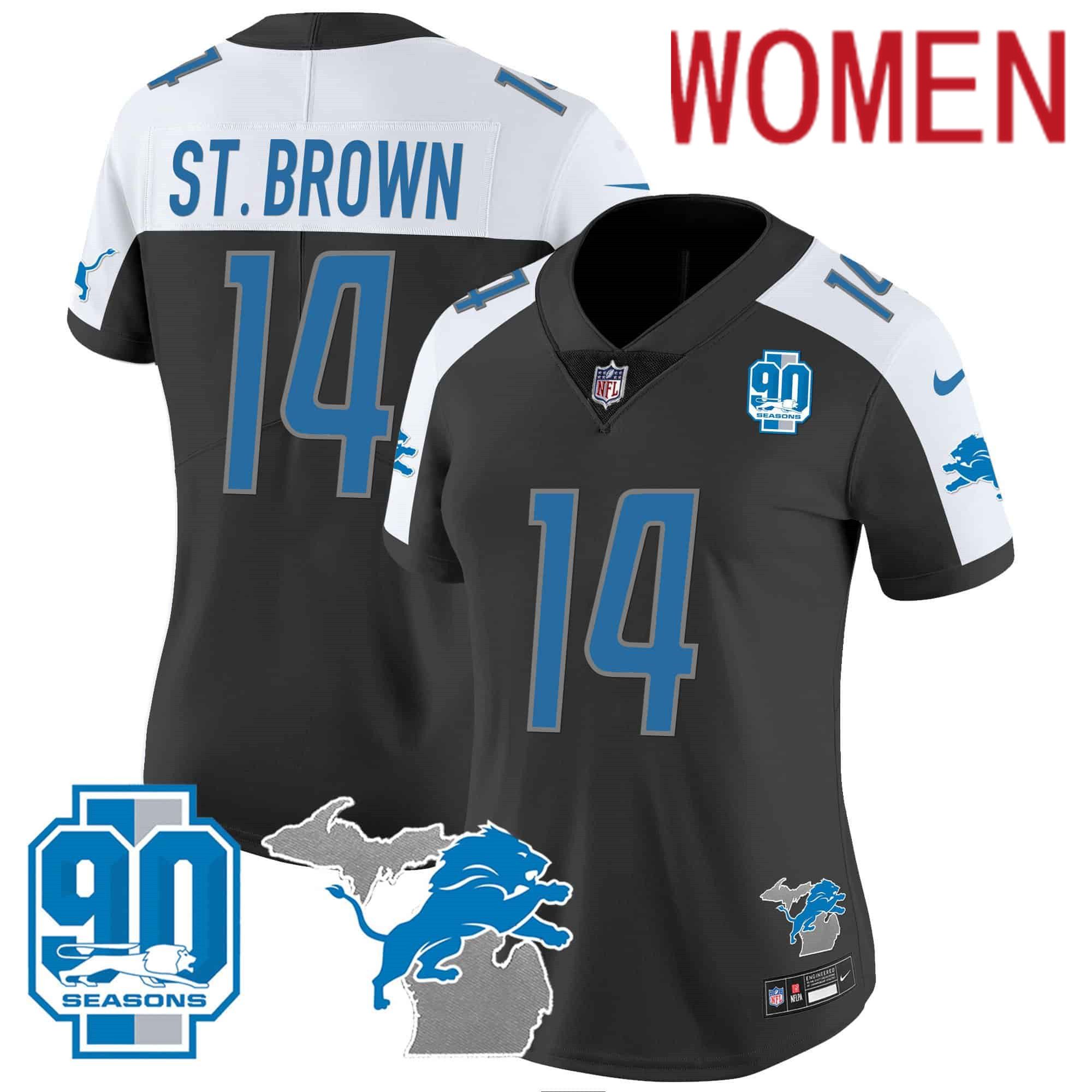 Women Detroit Lions #14 ST Brown Black 2024 Nike 90th Year Michigan Patch Vapor NFL Jersey